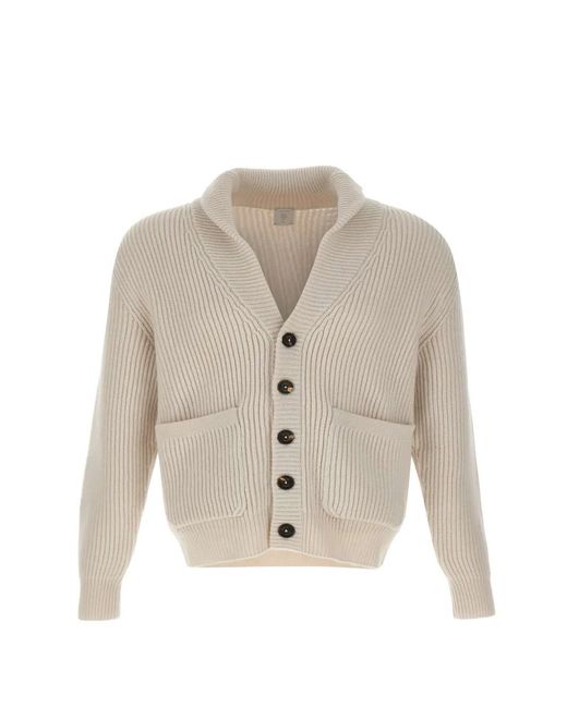 Eleventy White Ribbed-Knit Shawl-Collar Cardigan for men