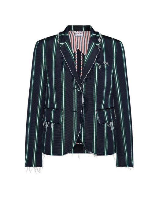 Thom Browne Blue Blazer Rayé À Bords Francs