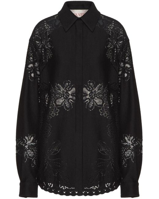 Valentino Garavani Black Floral-embroidered Long-sleeve Overshirt