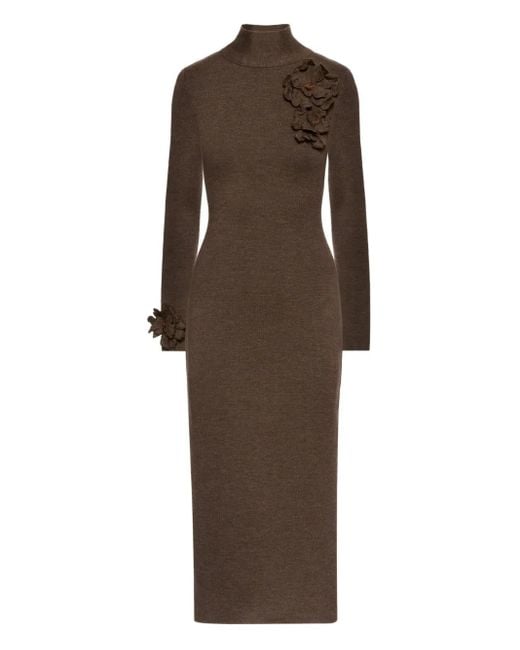 Oscar de la Renta Midi-Jurk Met Bloemapplicatie En Gedrapeerde Hals in het Brown