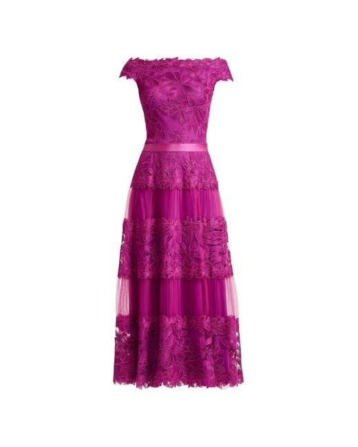 Tadashi Shoji Purple Floral-Embroidered Tiered Midi Dress