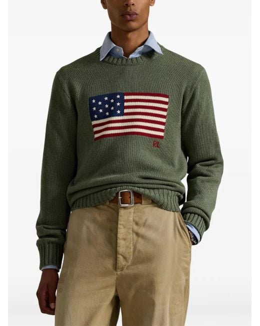 Polo Ralph Lauren Green Flag-Embroidered Crewneck Sweater for men