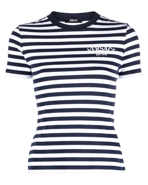 Versace Blue Logo-Embroidered Striped T-Shirt