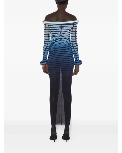 Jean Paul Gaultier Blue Elegant Mesh Boat Neck Long Dress With 3D Collar And Cuff