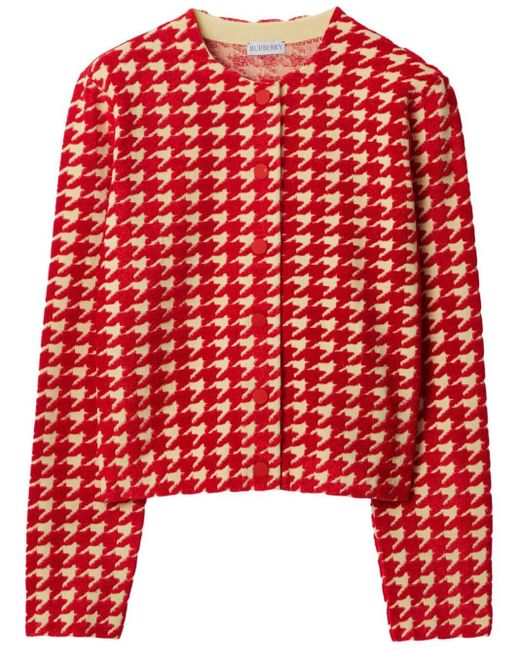 Burberry Red Houndstooth-pattern Jacquard Cardigan