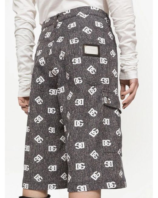 Dolce & Gabbana Gray Logo-Print Denim Cargo Shorts for men
