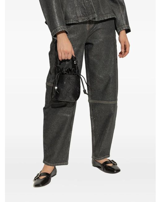 Ganni Black Bou Braided-Handle Crystal-Embellished Bucket Bag