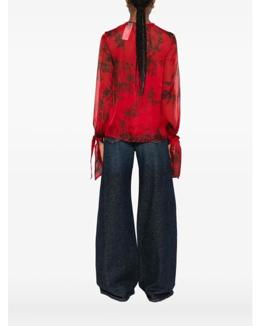 Max Mara Red Floral-Print Tie-Cuff Blouse