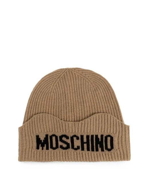 Moschino Brown Logo-Intarsia Ribbed-Knit Beanie Hat