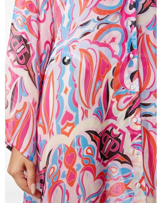 Philipp Plein Red Kaleidoscopic-Print Silk Kaftan