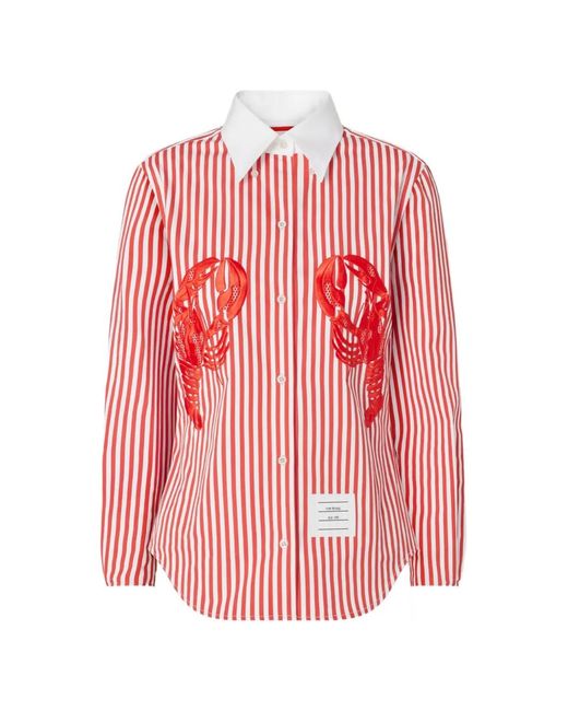 Thom Browne Pink University Stripe Lobster-Appliqué Shirt