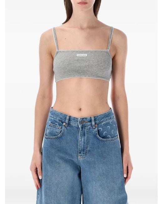 MARINE SERRE Blue Logo-Patch Ribbed-Knit Bra