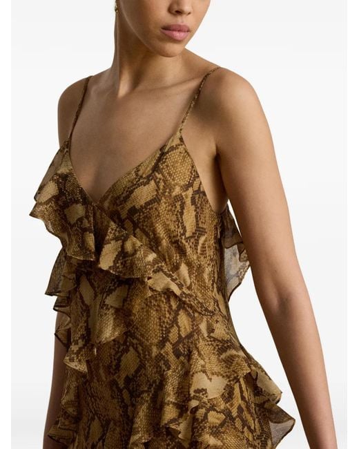 Ralph Lauren Metallic Gerüschtes Maxikleid Mit Python-Print
