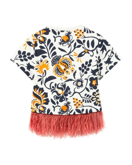 LaDoubleJ Red La Scala Feather-Trimmed Floral-Print T-Shirt