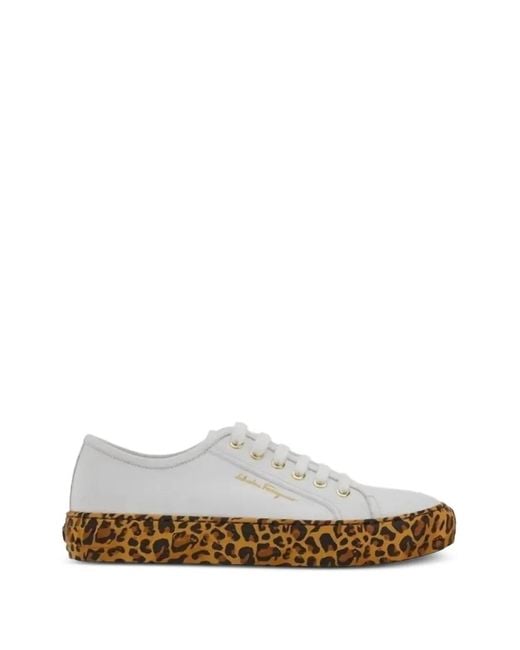 Ferragamo White Gancini Leopard-Print Sneakers