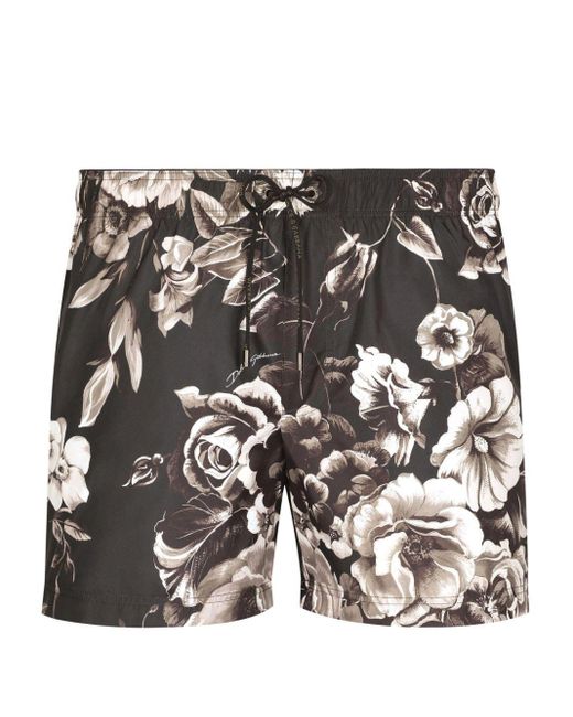 Dolce & Gabbana Black Floral-print Swim Shorts for men