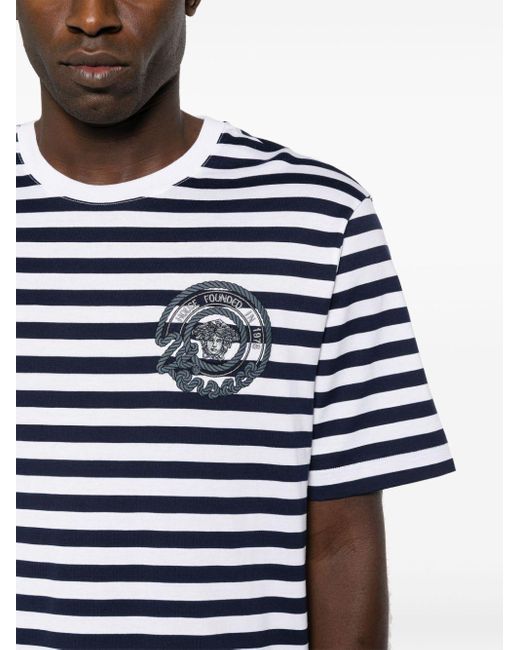 Versace Gestreiftes T-Shirt mit Medusa-Stickerei in Blue für Herren