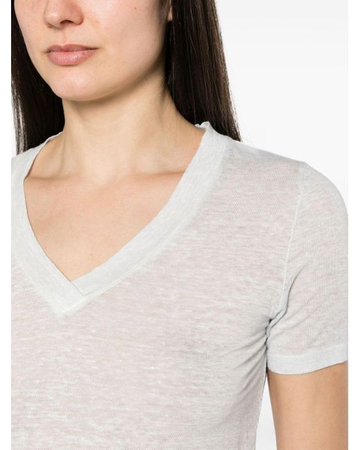 120% Lino White Leinen-T-Shirt mit V-Ausschnitt