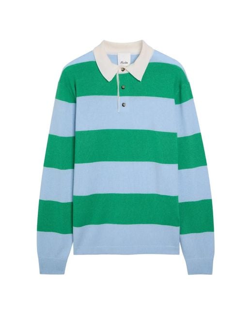 Allude Green Striped Buttoned Polo Shirt for men
