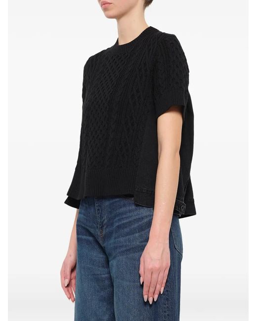 Sacai Black Cable-Knit Hybrid-Denim Sweater