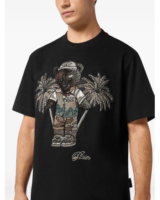 Philipp Plein Black Round Neck T-Shirt Teddy Bear for men