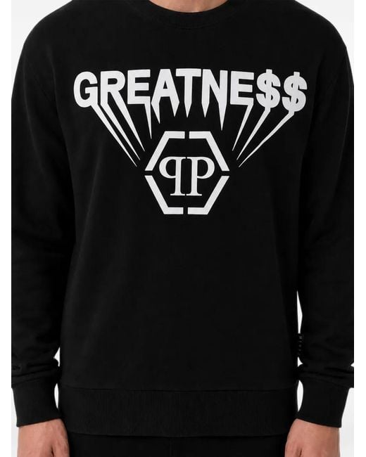 Philipp Plein Black Printed Fleece Round Neck Sweatshirt Greatness for men