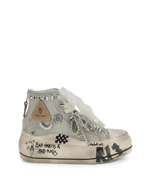 R13 White Embellished Distressed Sneakers