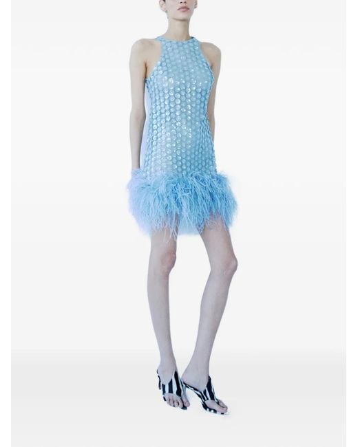 The New Arrivals Ilkyaz Ozel Blue Floral Feathered Mini Dress