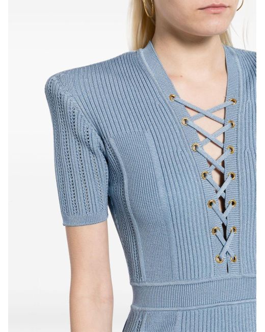 Balmain Blue Ribbed-knit Mini Dress