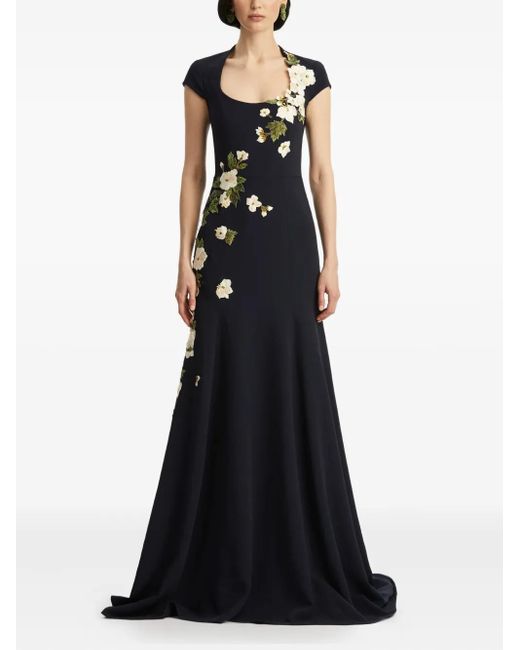 Oscar de la Renta Blue Floral-Embroidered Evening Dress
