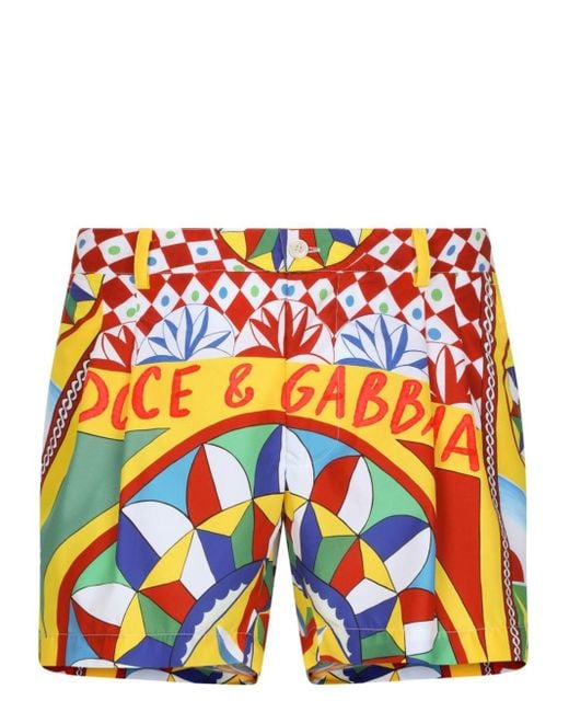 Dolce & Gabbana Orange Short Swim Trunks With Carretto Print for men