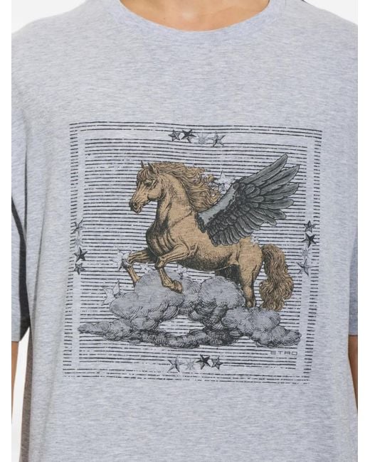 Etro Gray Pegasus-Print T-Shirt for men