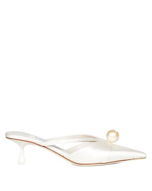 Jimmy Choo White Spitze Mules mit Perlenverzierung 50mm