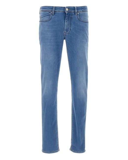 Vaqueros con parche del logo y cinco bolsillo Re-hash de hombre de color Blue