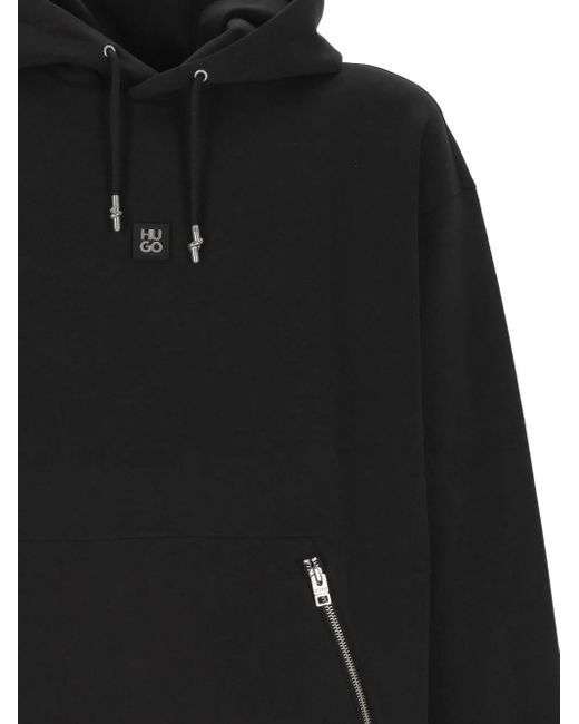 HUGO Black Logo-Plaque Zip-Pocket Hoodie for men