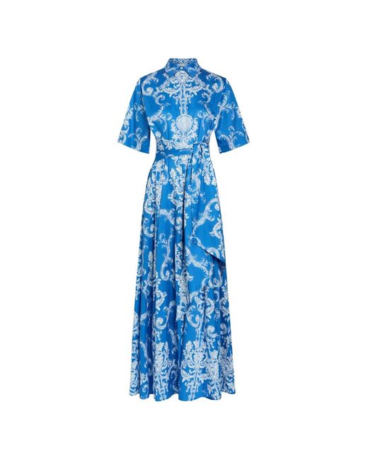 Borgo De Nor Blue Barocco-Print Belted Maxi Dress