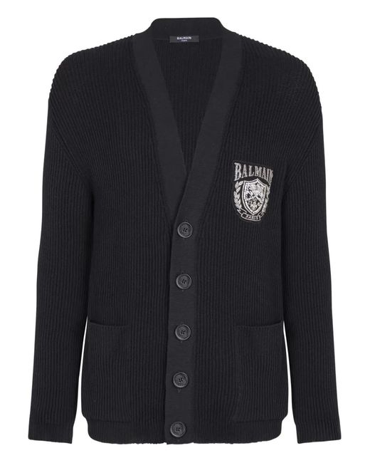 Balmain Black V-Neck Embroidered Cardigan for men