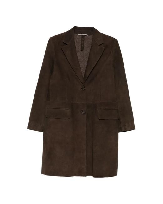 The Jackie Leathers Brown Notched-Lapel Suede Coat