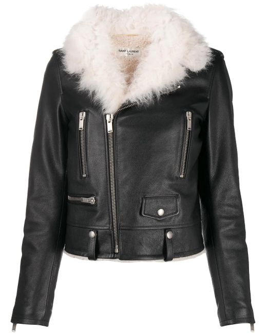 Saint Laurent Black Veste Biker En Cuir Grainé Et Shearling