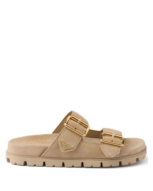 Prada Suède Slippers Met Logo in het Brown
