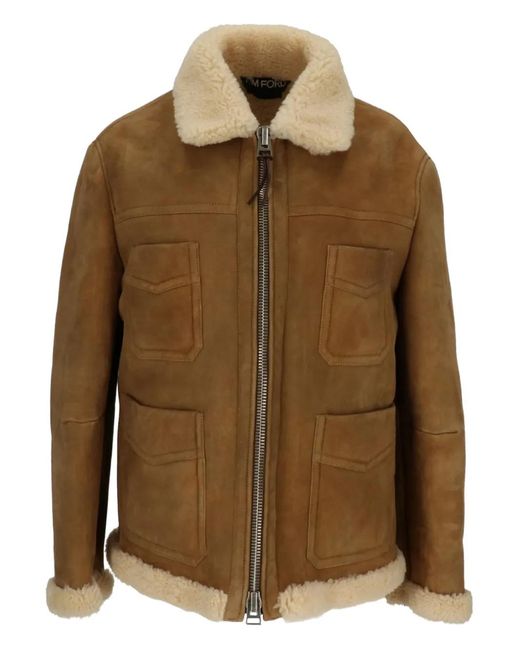 Tom Ford Brown Shearling-Collared Pocket Jacket