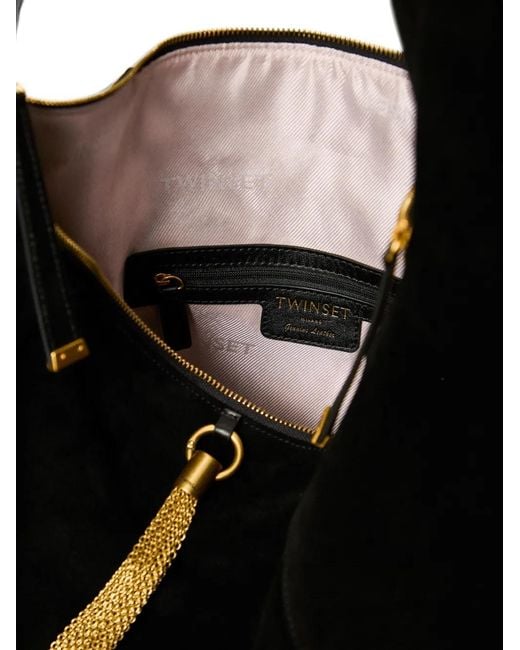 Twinset Black Chain-Tassel Leather Bucket Bag