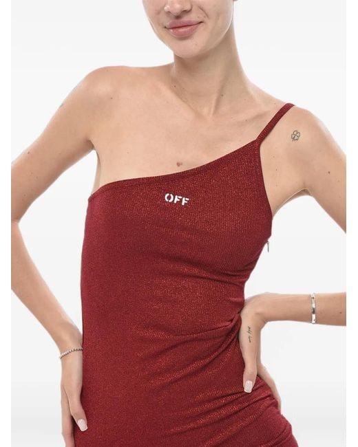 Off-White c/o Virgil Abloh Red One-Shoulder Logo-Print Midi Dress
