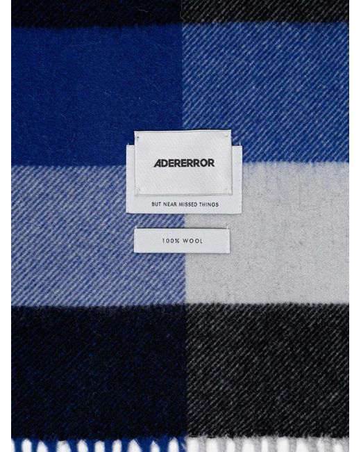 Adererror Blue Check-Pattern Fringed Scarf for men