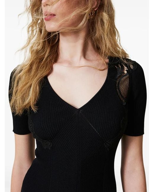 Twinset Black Lace-Detail Rib-Knit Minidress