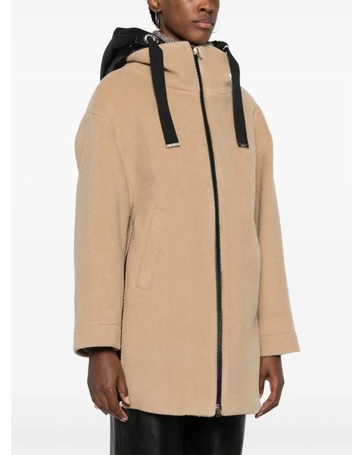 Herno Natural Brown Coat With Padded Hood And Zip Fastening In Wool Woman