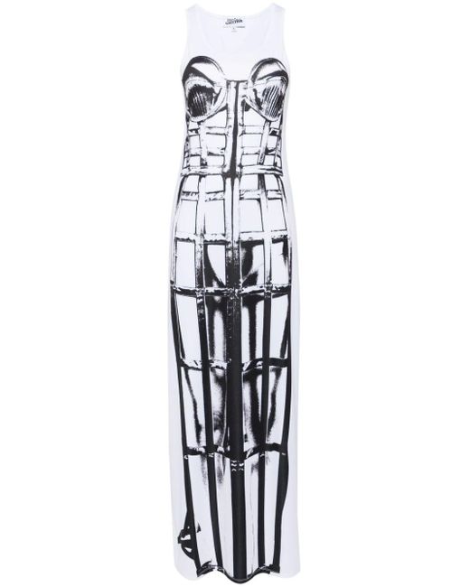 Jean Paul Gaultier White Cage Trompe 'Œil Print Long Dress