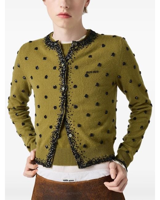 Miu Miu Green Embroidered Cashmere Cardigan