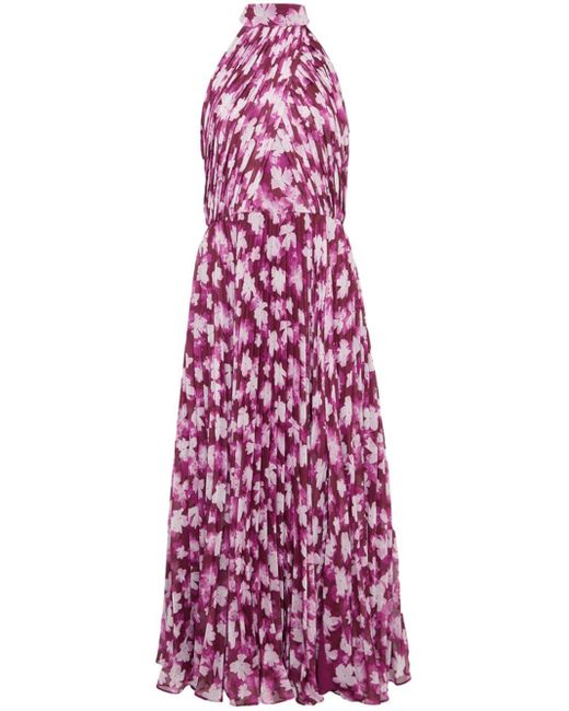Monique Lhuillier Purple Floral-print Pleated Midi Dress