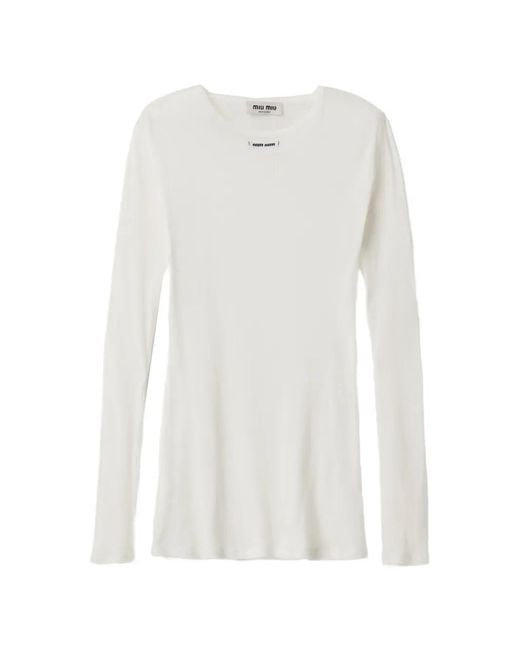 Miu Miu White Ribbed Knit Jersey Dress